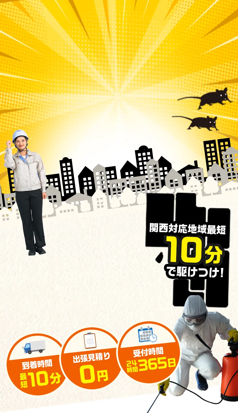 害獣ハンター関西エリア専用窓口・対策。WEB限定価格1100円から。関東地域最短10分で駆けつけ。害獣駆除のプロ対応で安心。施工実績3万件、出張・見積り無料、受付時間24時間365日。