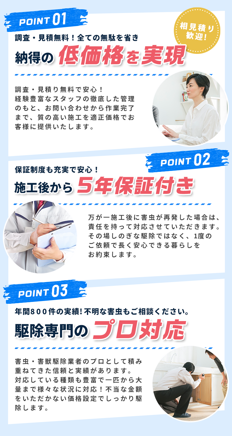 相見積もり歓迎！調査・見積無料！全ての無駄を省き納得の低価格を実現｜保証制度も充実で安心！施工後から5年保証付き！年間800件の実績！不明な害虫駆除もご相談ください。害虫駆除専門のプロ対応。