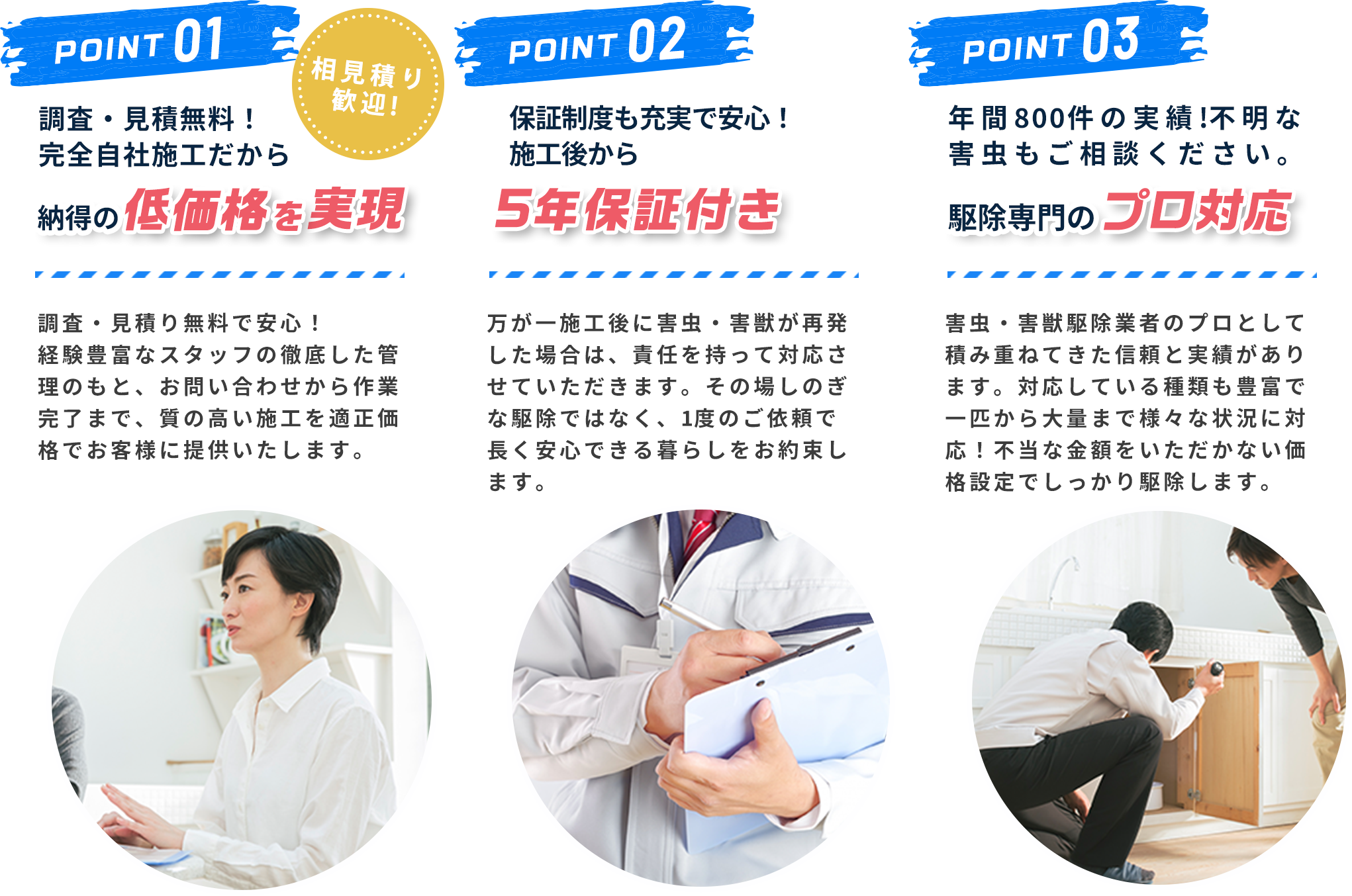 相見積もり歓迎！調査・見積無料！全ての無駄を省き納得の低価格を実現｜保証制度も充実で安心！施工後から5年保証付き！年間800件の実績！不明な害虫駆除もご相談ください。害虫駆除専門のプロ対応。