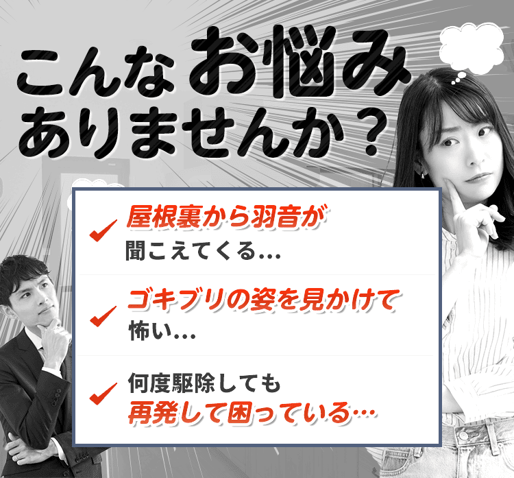こんなお悩みありませんか？家で1匹見つけてしまい不安｜何度も何度も再発して困っている｜引っ越し先での駆除・対策をお願いしたい。