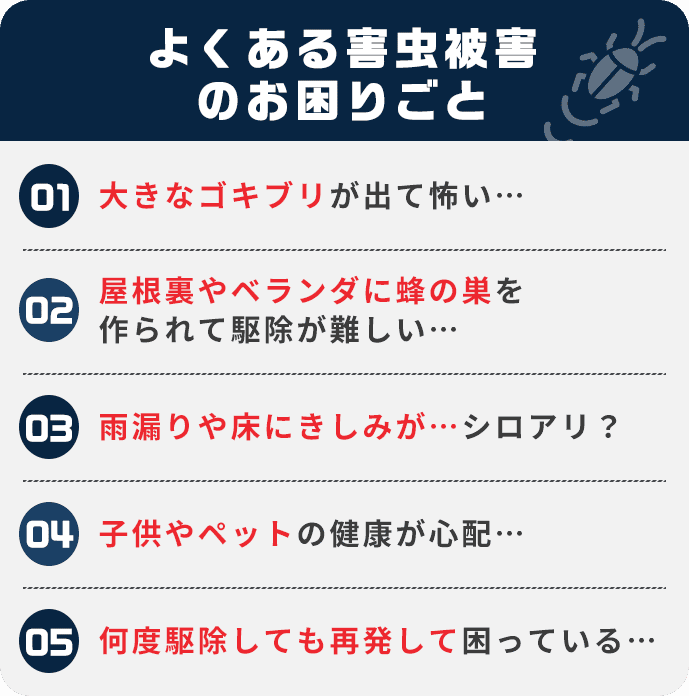 よくあるゴキブリ被害のお困りごと｜大きなゴキブリが出て駆除して欲しい。小さいゴキブリを見かけてたが繁殖している？逃げたゴキブリが見つからず怖い。ゴキブリが繁殖するか不安なので予防と対策をお願いしたい。茶色いゴキブリが何匹も部屋に出る。ゴキブリの死骸が怖いので回収してほしい